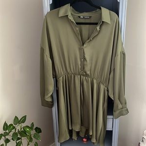 Zara Olive Green Button-Down Tunic Dress
